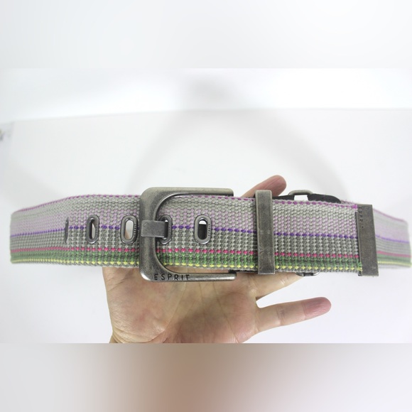 Colourful Wide Fabric Belt with Antiqued Silver Buckle Gray Pink Green Yellow - Picture 4 of 6